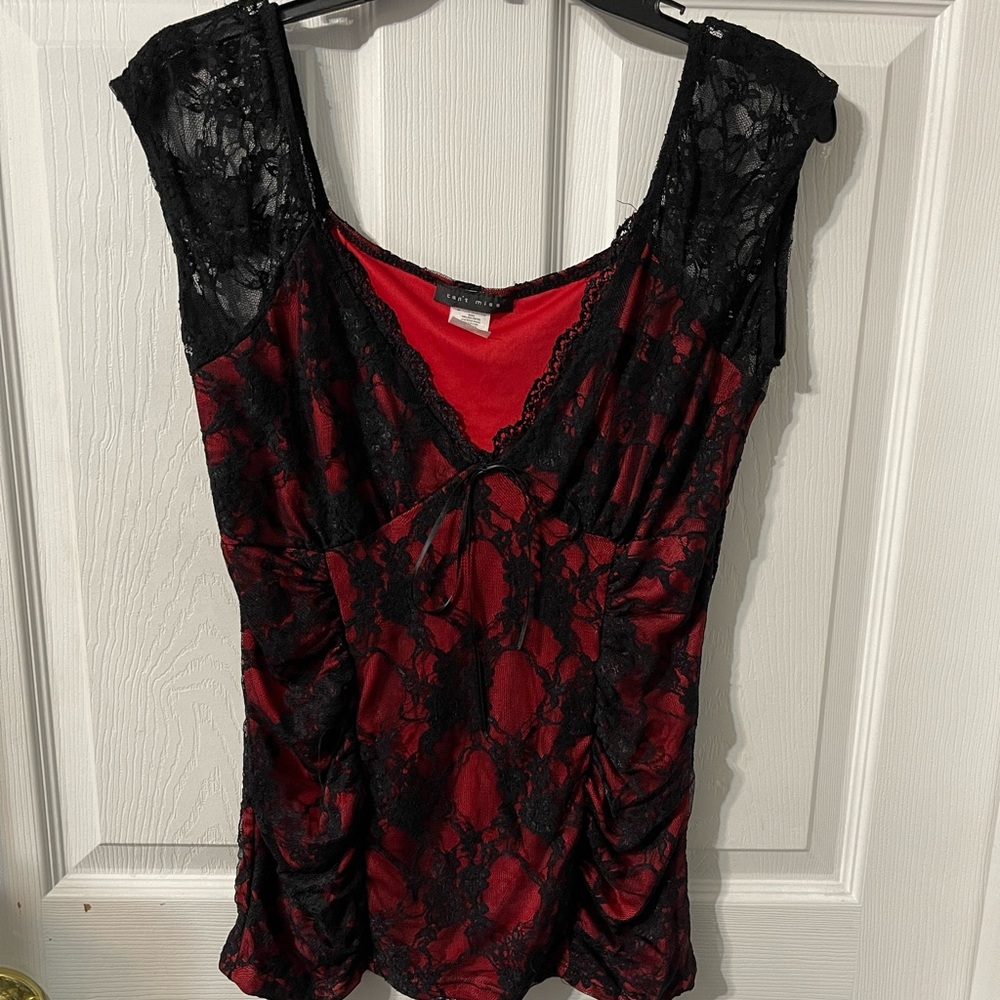 Red with black lace top